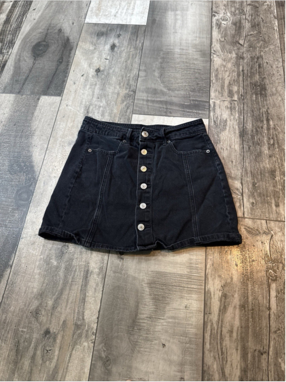 American Eagle Black Denim Hi-Rise A-Line Button Front Mini Skirt Size 2